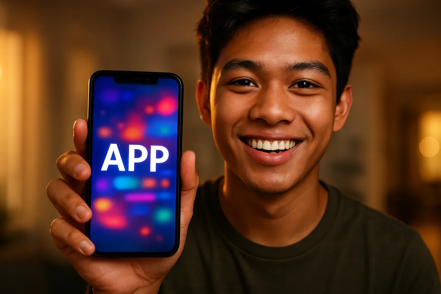 Young Filipino man smiling while showing colorful mobile gaming app screen