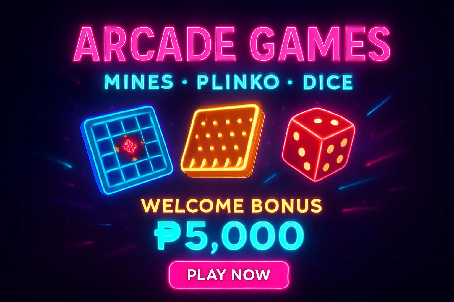 Neon arcade games banner with mines, plinko, dice, and play now button