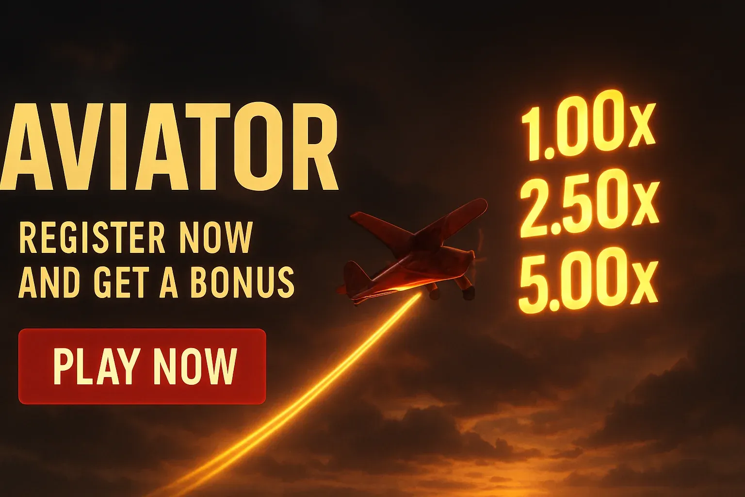 Aviator crash game banner with red plane, multipliers, and play button
