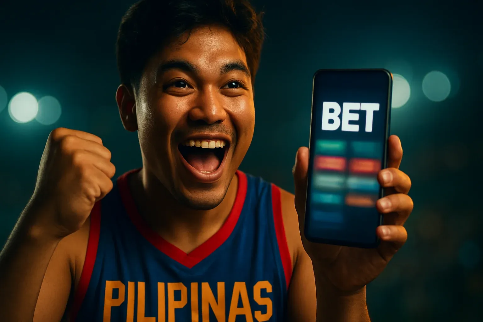 Excited Filipino man holding smartphone with sports betting screen and raised fist