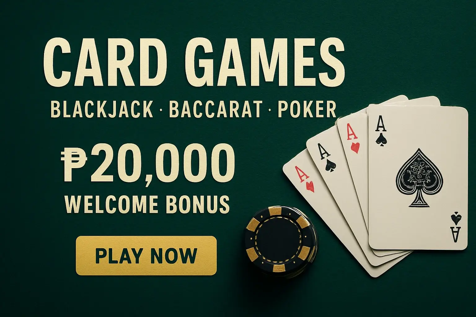 Promotional card games banner with playing cards, chips, and bonus offer
