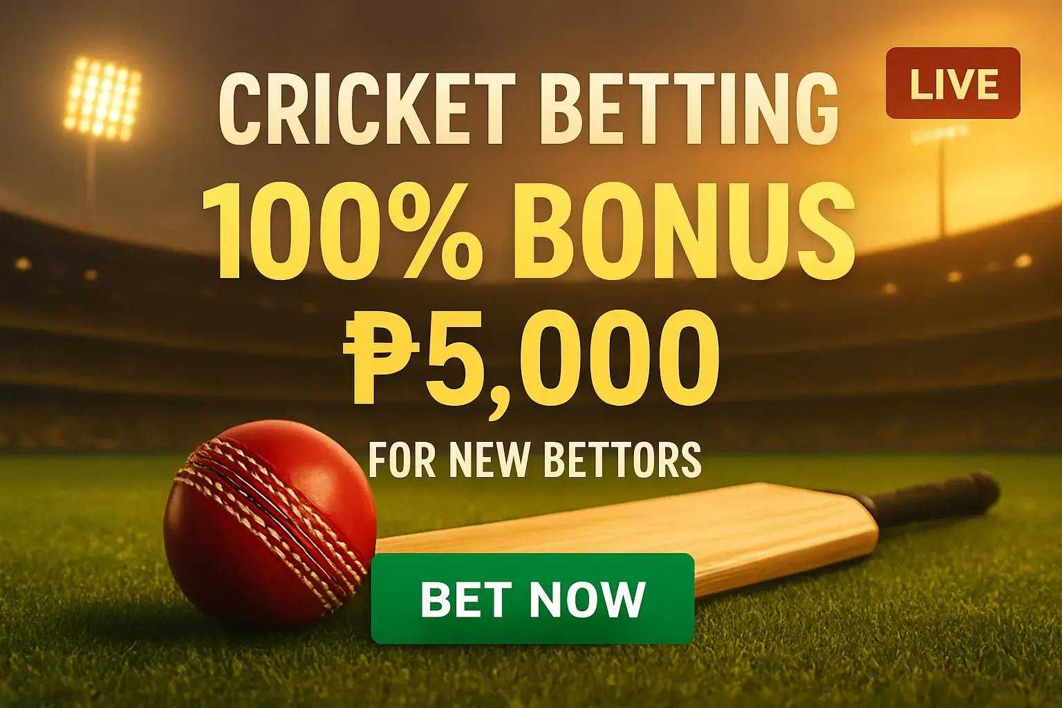 Cricket betting banner with stadium, bat, ball, bonus offer, and CTA