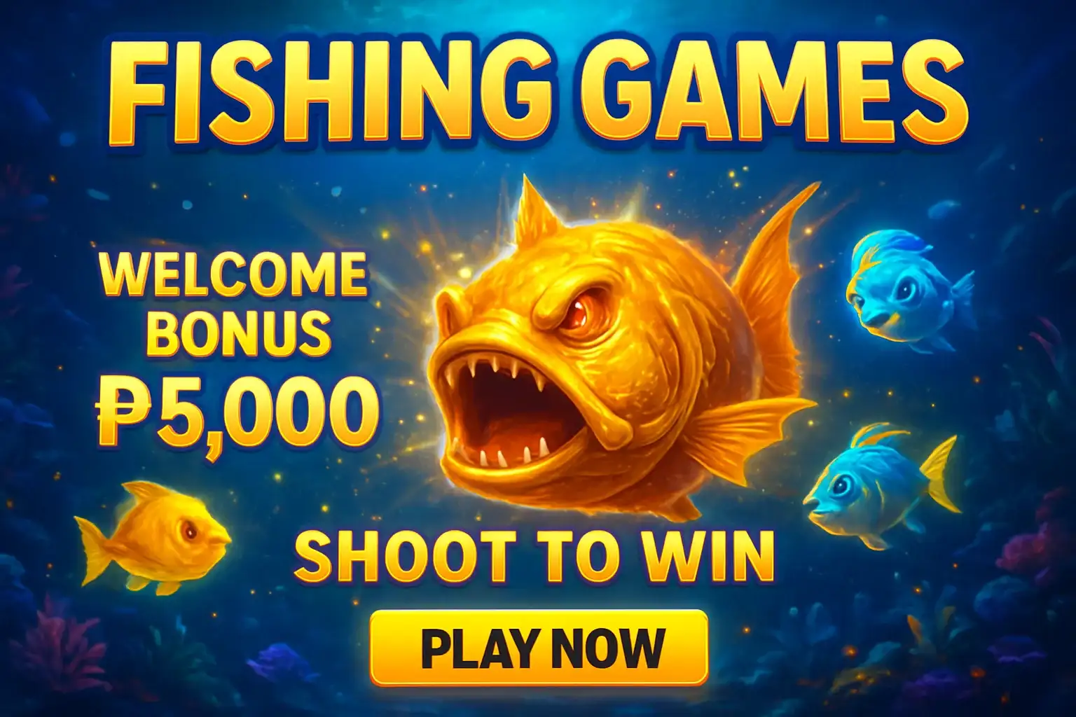 Fishing arcade banner with underwater boss fish, bonus offer, and play button