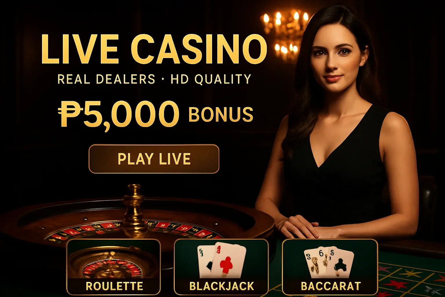 Luxury live casino banner with female dealer, roulette, and Philippines bonus offer
