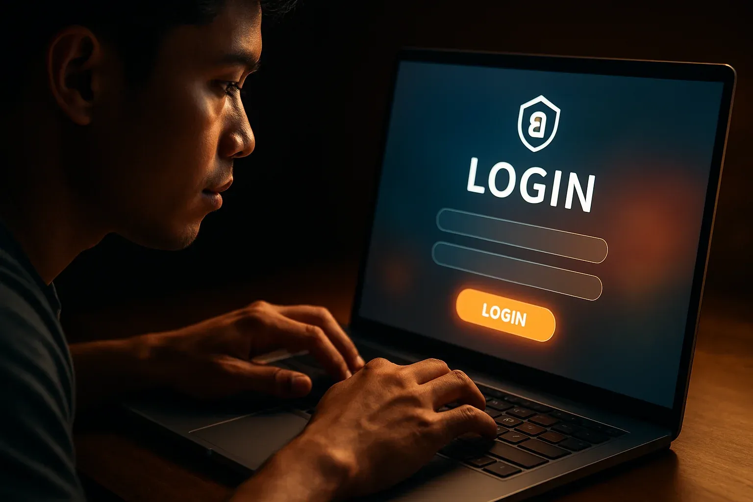 Young Filipino man using laptop with visible login screen and glowing button