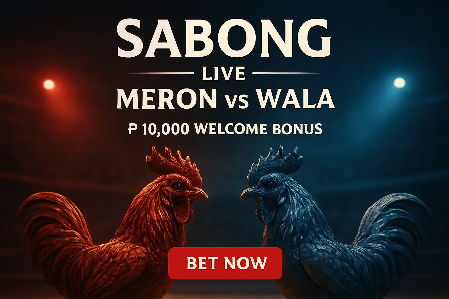 Live sabong banner with decorative rooster figurines and bonus offer