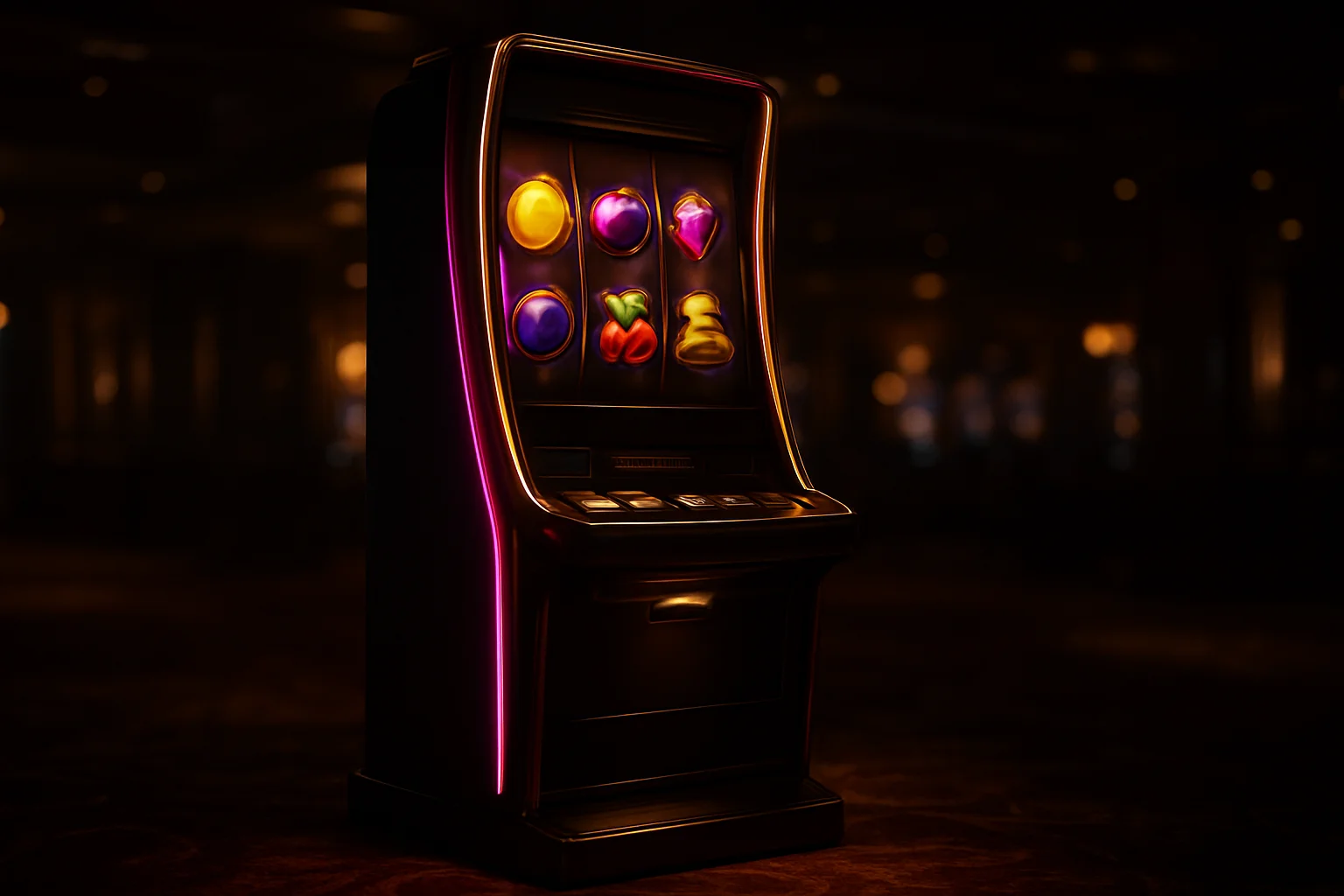 Complete premium slot machine on dark luxury casino floor with glowing reels