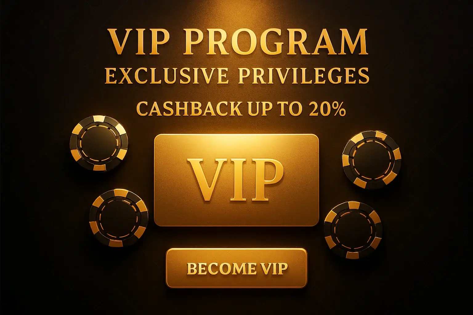 Luxurious casino VIP program banner with golden card, chips, and spotlight